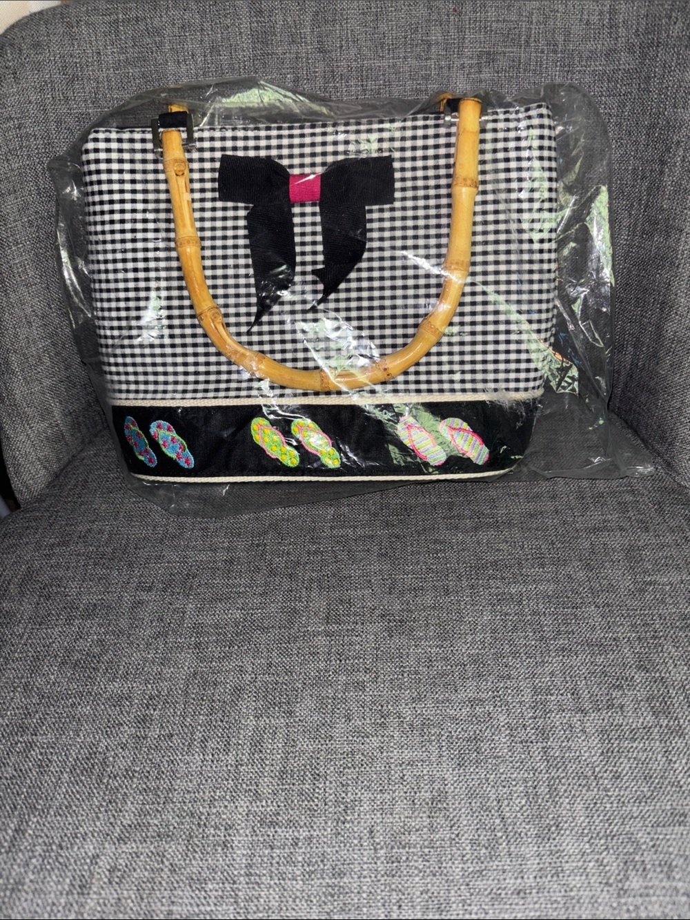 croft & barrow Black and White Gingham Tote with Bamboo Handles